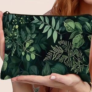 Green Botanical Leaf Zipper Pouch Cosmetic Makeup Bag Floral Travel Organizer